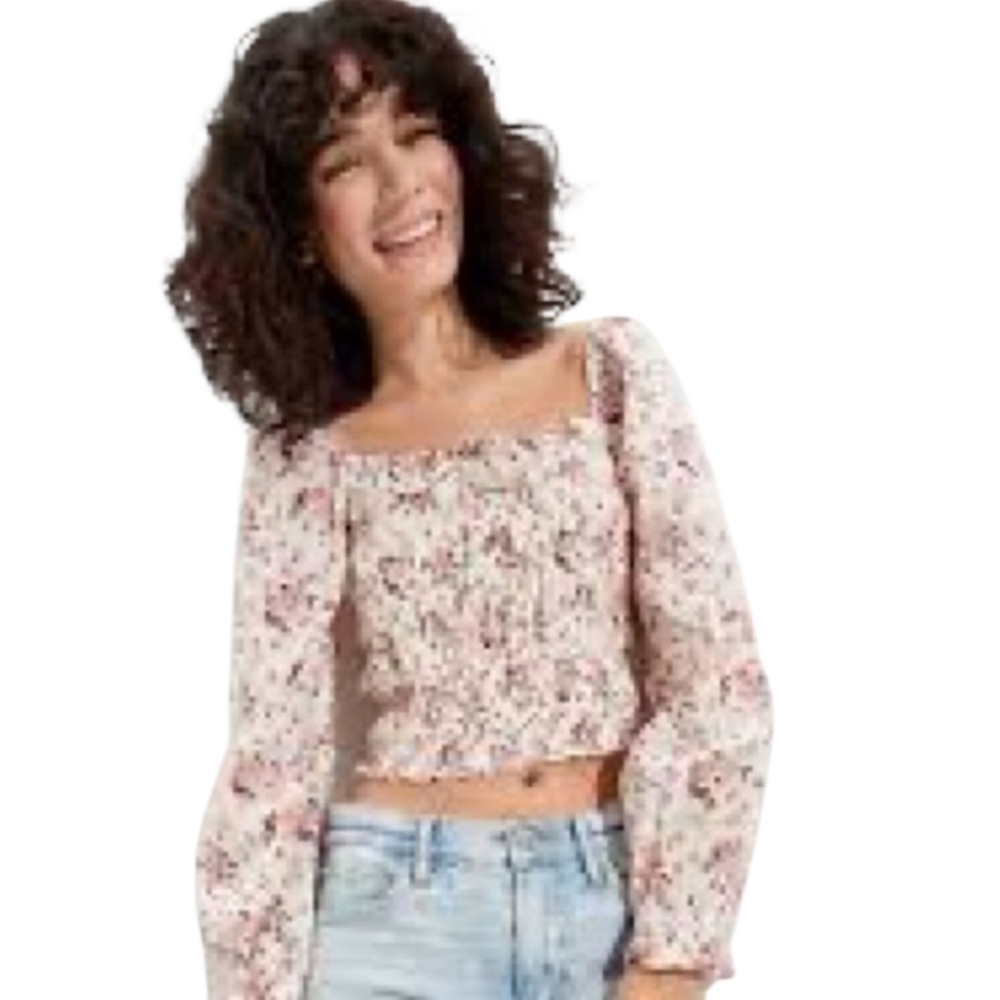 American Eagle Floral Smocked Crop Peasant Top Size XL